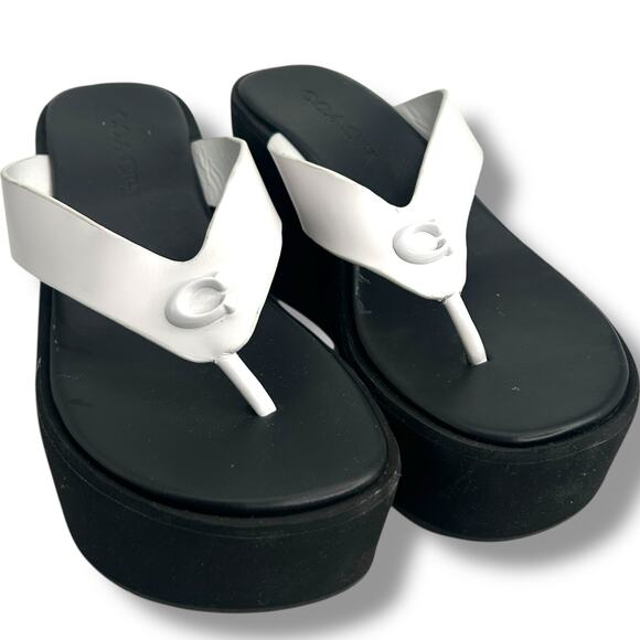 Coach black & white Platform Flip Flops Size 5 Sculpted C Chunky Y2K Sandals - Picture 8 of 12